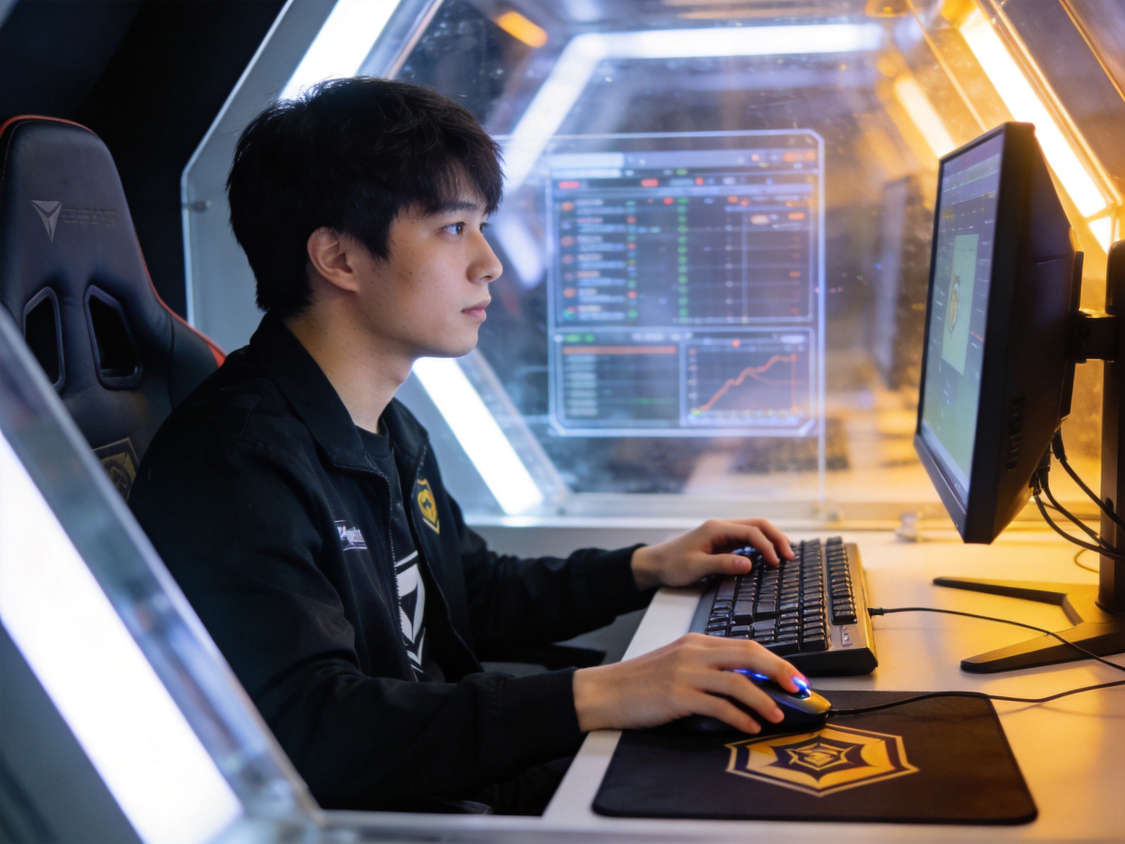 电竞战队选手在比赛舱内专注操作键盘鼠标进行对局