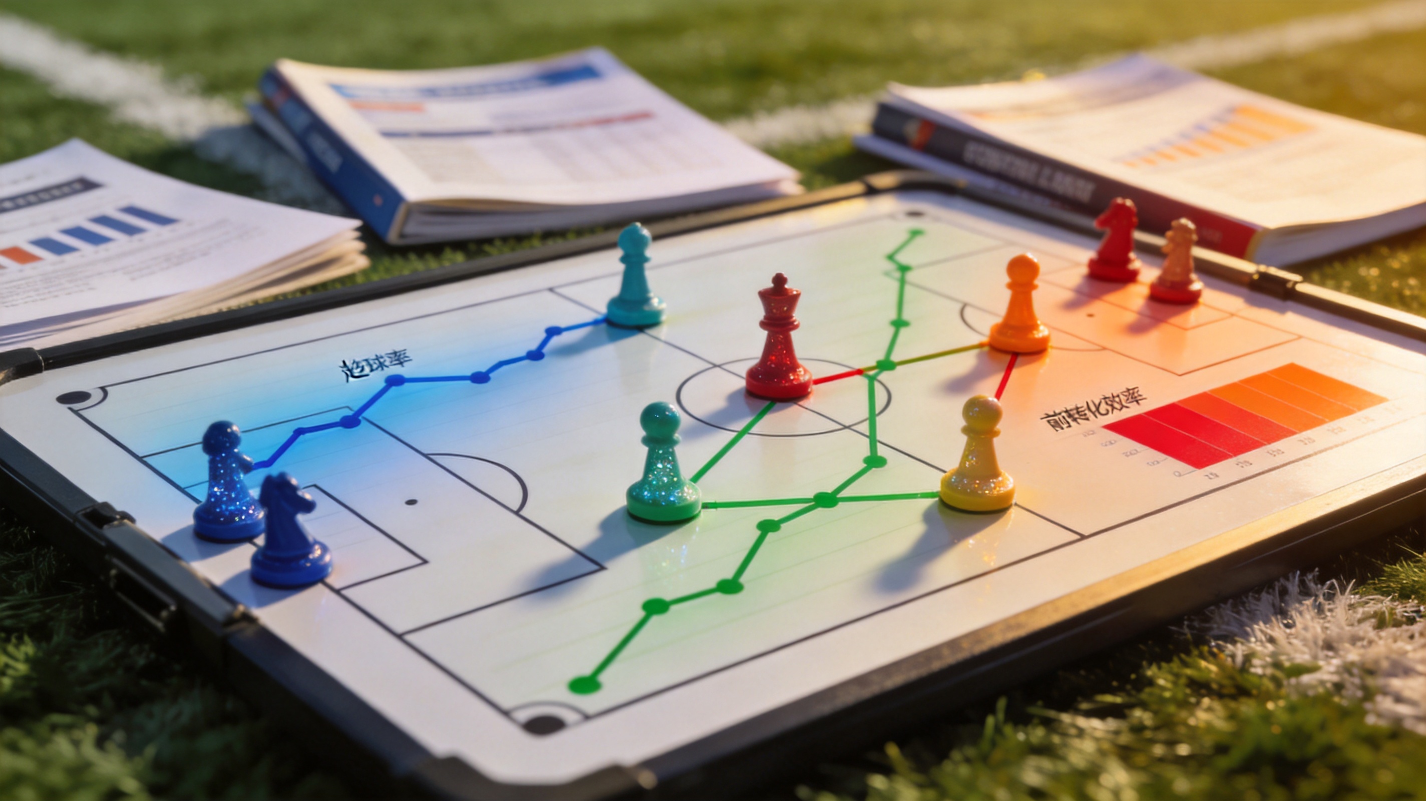 足球战术板上摆放着代表球员位置的棋子与进攻路线示意
